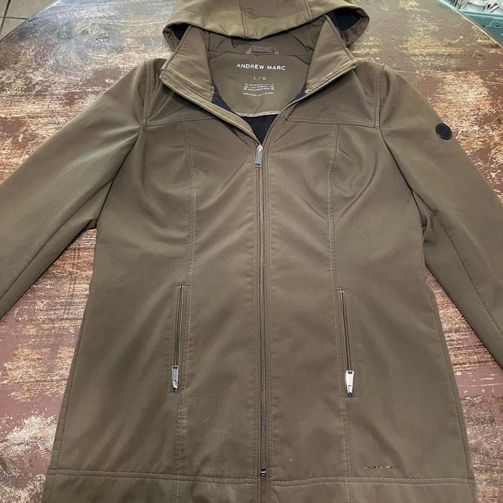 Andrew Marc Mens Olive Green Softshell Jacket Water Repellent Hooded Large